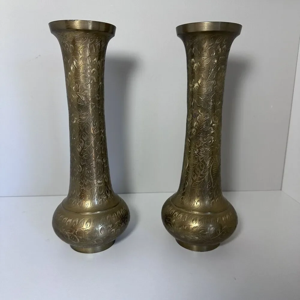 Vintage Pair Etched Brass Vases 11.5” Floral Engraved Made in India Boho Decor